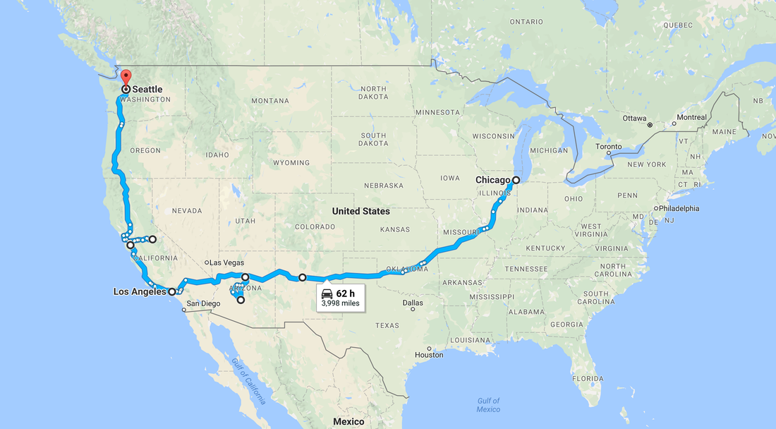 Map of route from Chicago to LA to Seattle