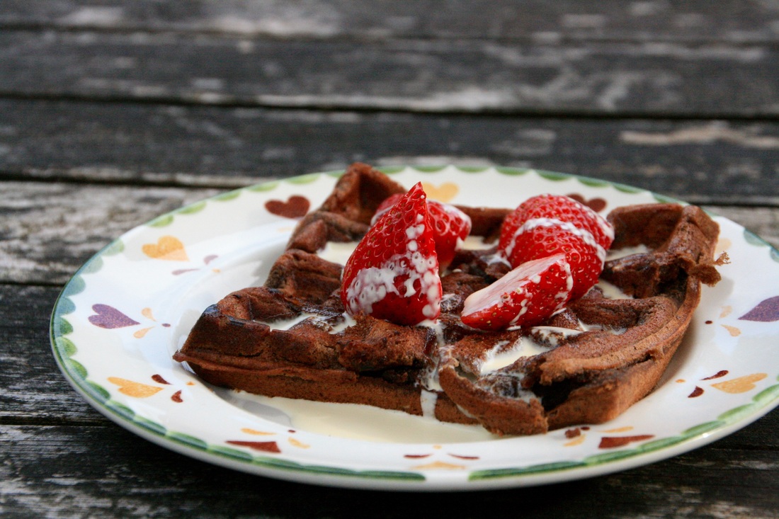 Chocolate Brownie Waffles with Strawberries and Cream